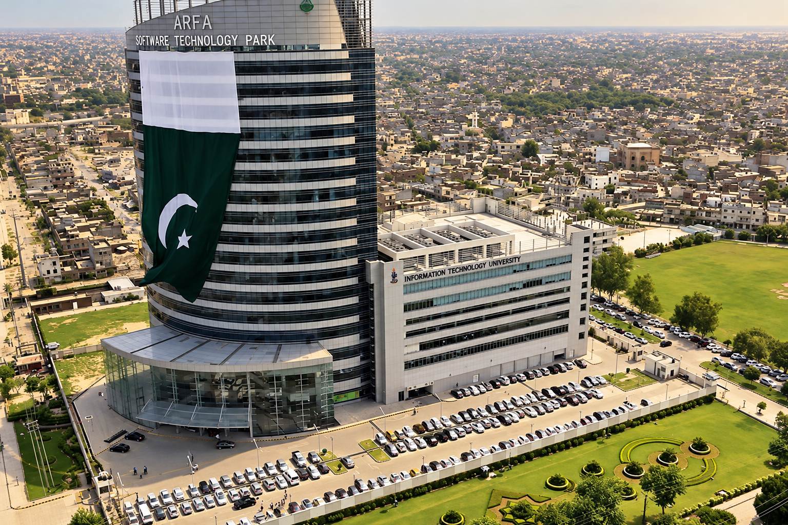 Giant Pakistan flag made by Qari Badge Makers on Arfa Software Technology Park, Lahore