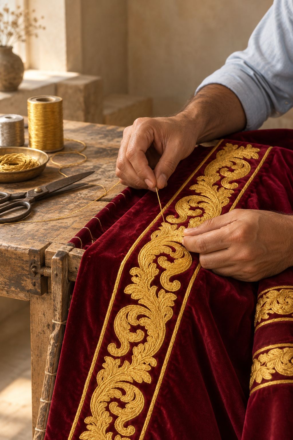 Gold zari embroidery being stitched onto maroon velvet